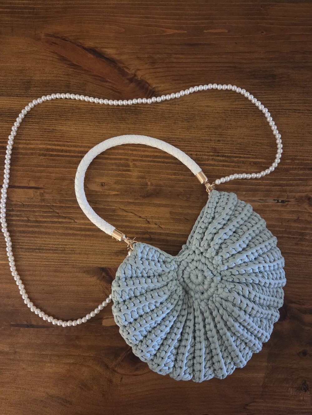 Light Blue Crochet Shell Crossbody Bag with Pearl Strap